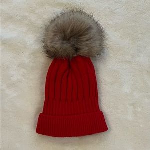 Red Winter Hat with Faux Fur Pompom